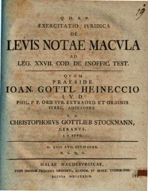Exercitatio iur. de levis notae macula : ad Leg. XXVII. Cod. de inoffic. test.