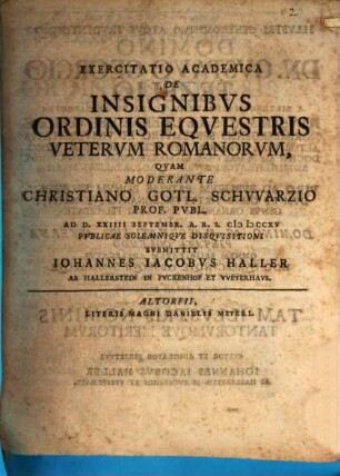 Exercitatio Academica De Insignibus Ordinis Equestris Veterum Romanorum