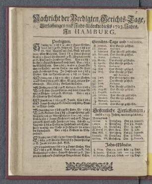 Nachricht der Predigten, Gerichts-Tage, Verlassungen und Jahr-Märckte dieses 1723. Jahrs in Hamburg