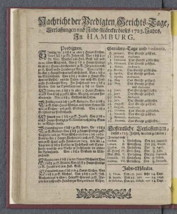 Nachricht der Predigten, Gerichts-Tage, Verlassungen und Jahr-Märckte dieses 1723. Jahrs in Hamburg