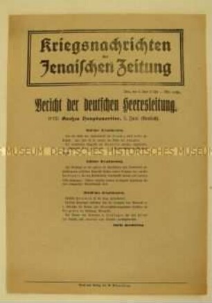 Nachrichtenblatt der "Jenaischen Zeitung" zum Kriegsverlauf an der West- und Ostfront
