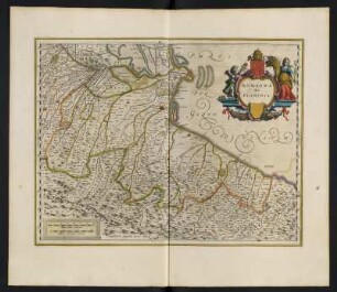 Karte der Romagna, Italien, ca. 1:290 000, kolorierter Kupferstich, 1645 : Romagna olim Flaminia. - [Ca. 1:290.000]. - [Amsterdam] : Ioannes Ianssonius, [1645]. - 1 Kt : Kupferst ; 47 x 35 cm. - Maßstab in graph. Form (Milliaria Italica communia, Milliaria Germanica communia)