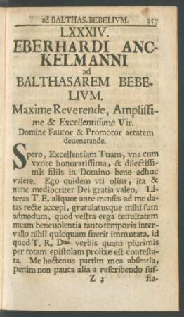 LXXXIV. Eberhardi Anckelmanni ad Balthasarem Bebelium