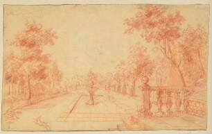 Vornehmer Park mit Bassin und Merkurstatue, rechts Balustrade