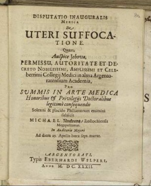 Disputatio Inauguralis Medica De Uteri Suffocatione