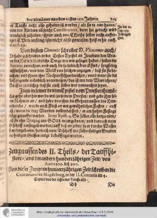 Zeugnussen des II Theils / der Tauffhistoriae / aus der andern hundertjährigen Zeit / von Anno 100. biß 200