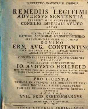 Jo. Augusti Hellfeld De remediis legitimis adversus sententias praesertim in consilio imperiali aulico latas