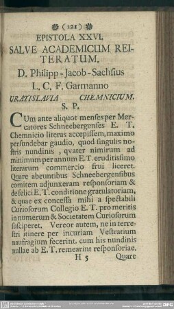 Epistola XXVI. Salve Academicum Reiteratum. D. Philipp-Jacob-Sachsius L. C. F. Garmanno Vratislavia Chemnicium