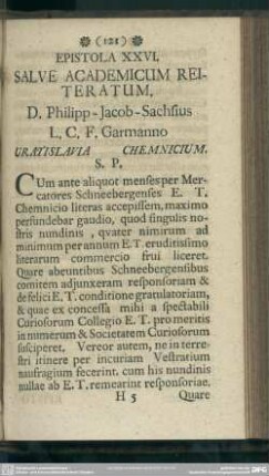 Epistola XXVI. Salve Academicum Reiteratum. D. Philipp-Jacob-Sachsius L. C. F. Garmanno Vratislavia Chemnicium