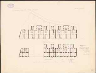 Wohnhausgruppe, Bochum Monatskonkurrenz Juni 1884 (wahrscheinlich die Originalzeichnung): Grundriss Keller, Erdgeschoss 1:200; Berechnung