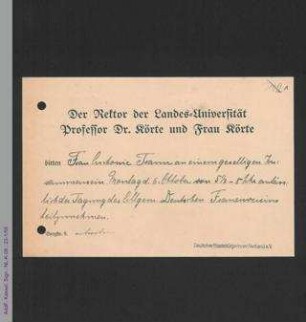 Einladungskarte an Antonie Traun des Rektors Körte der Universität Gießen und seiner Frau