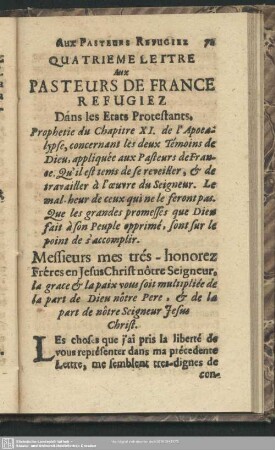 Quatrieme Lettre Aux Pasteurs De Fance Refugiez Dans les Etats Protestans