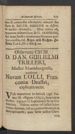 Observatio CXCIII. D. Dan. Guilielmi Trilleri, Medici Martisburgensis, exhibens Novam Lolli, Franconiae Deastri, explicationem