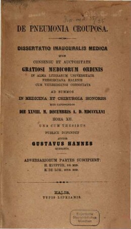 De pneumonia crouposa : Diss. inaug. med.