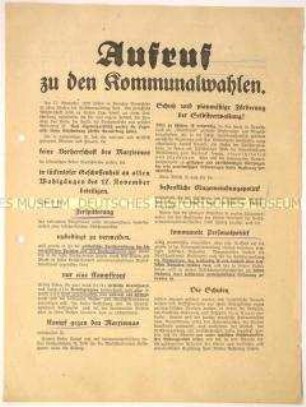 Programmatischer Wahlaufruf der Deutschnationalen Volkspartei gegen den Marxismus anlässlich der Kommunalwahlen November 1929