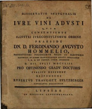 Dissertatio Inavgvralis De Ivre Vini Advsti