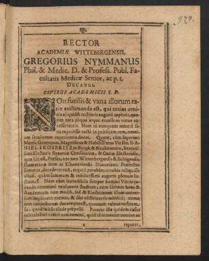 Rector Academiae Wittenbergensis, Gregorius Nymmanus ...