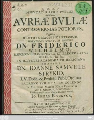 Disputatio Iuris Publici exhibens Aureae Bullae Controversias Potiores