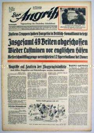 Tageszeitung "Der Angriff" u.a. zum Luftkrieg gegen England und zu den Kämpfen in Somaliland zwischen britischen und italienischen Truppen