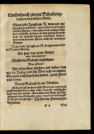 Ein Gesprech zweyer Schuljungfrawen vom dritten Gebot.