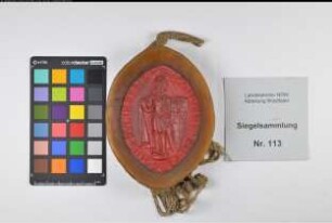 Siegler: Köln, St. Gereon Überlieferungsart: Nachbildung. Stoff: Wachs Farbe: rot Form: spitzoval. Durchmesser: 85 Art: Typ: Umschrift: