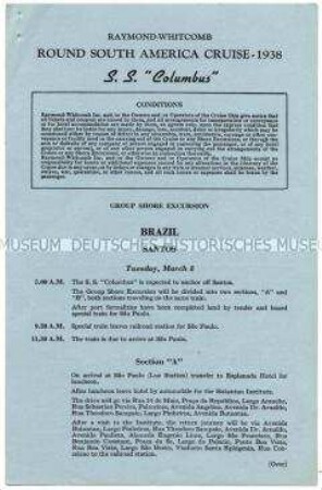 Ausflugsprogramm von der Südamerika-Rundreise auf der "Columbus" für den Aufenthalt in Brasilien (englisch) - Nachlass