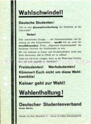 Flugblatt des Deutschen Studentenverbandes mit Warnung vor der von den Nationalsozialisten beherrschten "Deutschen Studentenschaft" und Aufruf zur Wahlenthaltung