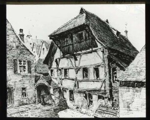 Alemannisches Fachwerk, im Grafenbad, Radierung W. Weisser