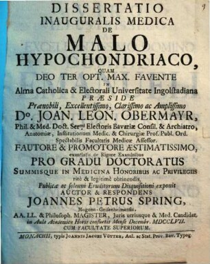 Dissertatio Inauguralis Medica De Malo Hypochondriaco