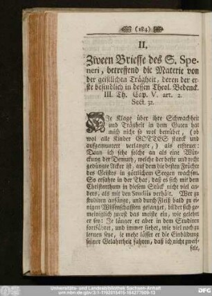 II. Zween Brieffe des S. speneri, betreffend die Materie von der geistlichen Trägheit,