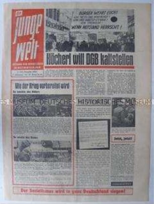 Propagandazeitung aus der DDR für die Jugend in der Bundesrepublik u.a. zum 20. Jahrestag des FDGB und zur Jahreskriminalstatistik der DDR