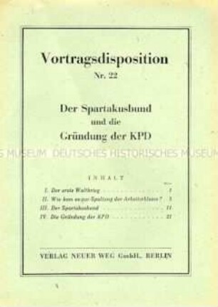 Schulungsmaterial der KPD: Vortragsdisposition Nr. 22