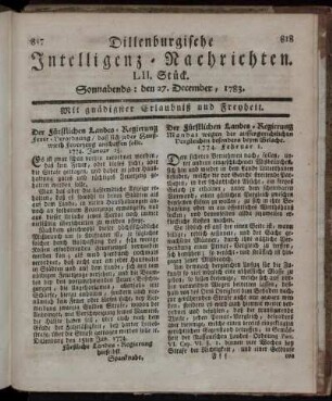 LII. Stück. Sonnabends: den 27. December, 1783.