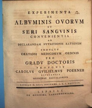 Experimenta De Albvminis Ovorvm Et Seri Sangvinis Convenientia Ad Declarandam Nvtritionis Rationem