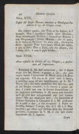 Num. XVII. Copia del Regio Decreto mandato a Monsignor Patriarca à 23. di Giugno 1706