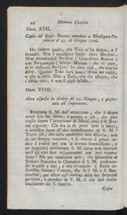 Num. XVII. Copia del Regio Decreto mandato a Monsignor Patriarca à 23. di Giugno 1706