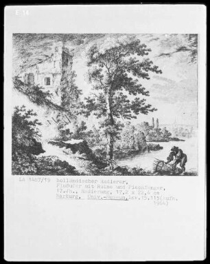 Flussufer mit Ruine und Fischfänger