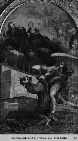 Dem heiligen Franz von Assisi erscheinen nach dem Rosenwunder Christus und Maria