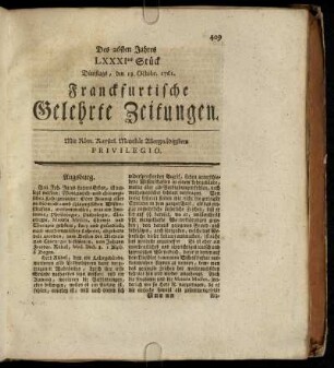 LXXXItes Stück Dienstags, den 13. Octobr. 1761. - XCtes Stück Freytags, den 13. Novembr. 1761.