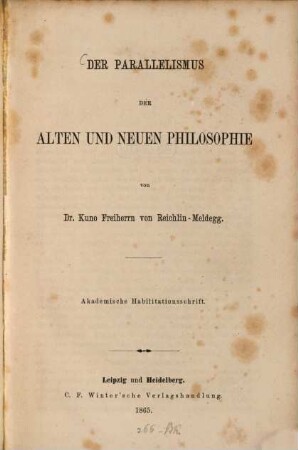 Der Parallelismus der alten und neuen Philosophie : akademische Habiltationsschrift