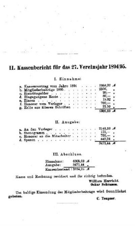 Kassenbericht für das 27. Vereinsjahr 1894/95