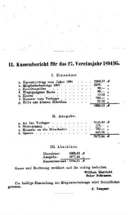 Kassenbericht für das 27. Vereinsjahr 1894/95