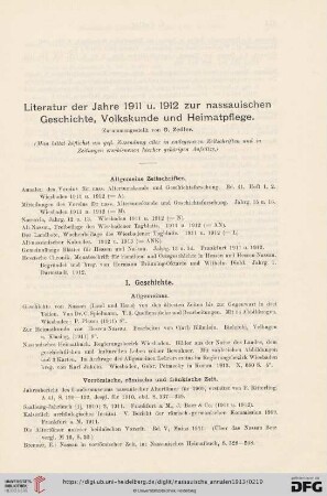 Literatur der Jahre 1911 u. 1912 zur nassauischen Geschichte, Volkskunde und Heimatpflege