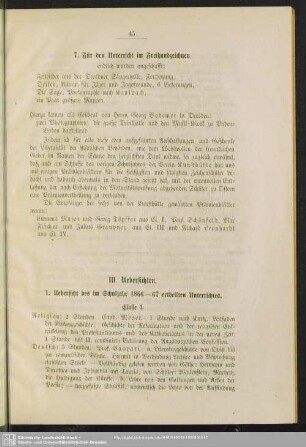 1. Uebersicht des im Schuljahr 1866-67 ertheilten Unterrichtes