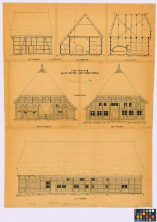 Sülsdorf (Kreis Schönberg): Hof Wiencke. - Backhaus (Ost-Seiten-Ansicht, Querschnitt, Längsschnitt). - Haupthaus (West-Giebel-Ansicht, Ost-Giebel-Ansicht, Süd-Seiten-Ansicht)