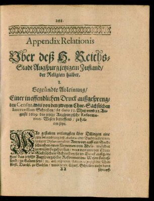 Appendix Relationis Uber deß H. Reichs-Stadt Augspurg jetzigem Zustand/ der Religion halber.