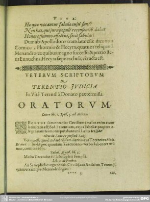Veterum Scriptorum De Terentio Judicia In Vita Terenti à Donato praetermissa. Oratorum