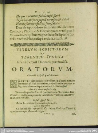 Veterum Scriptorum De Terentio Judicia In Vita Terenti à Donato praetermissa. Oratorum