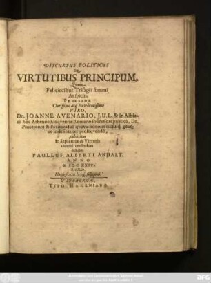 Discursus Politicus De Virtutibus Principum
