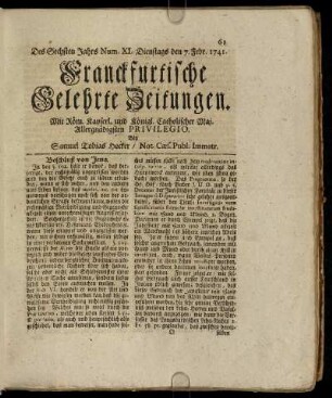 Num. XI. Dienstags den 7. Febr. 1741 - Num. XX. Freytags den 10. Mertz. 1741
